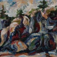 Cette peinture des falaises évoque des formes humaines logées dans le roc.